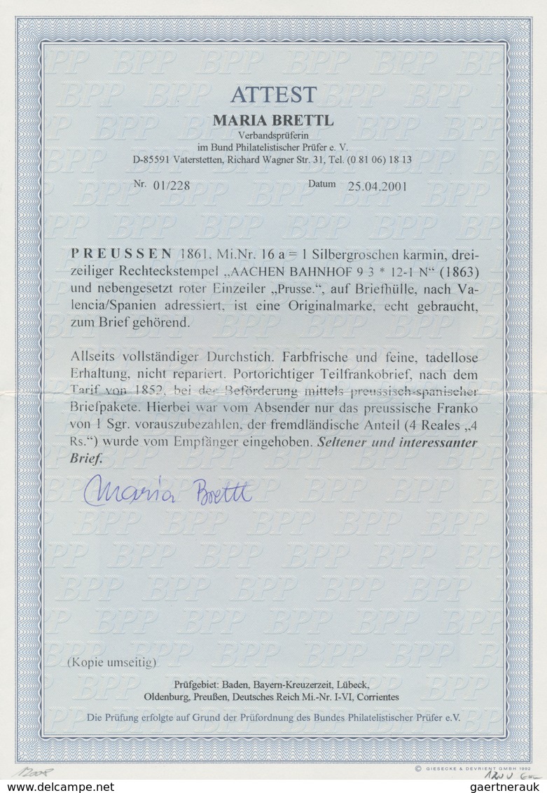 Preußen - Marken Und Briefe: 1863, 1 Silbergr. Karmin, Am 9.3. Auf Brief Von Aachen Nach Valencia/Sp - Sonstige & Ohne Zuordnung