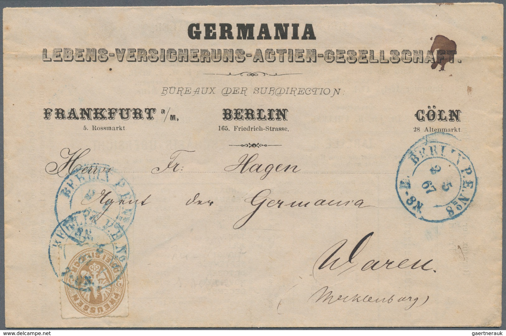 Preußen - Marken Und Briefe: 1867, 3 Sgr. Ockerbraun Auf Vordruck-Firmenumschlag "GERMANIA LEBENS-VE - Sonstige & Ohne Zuordnung