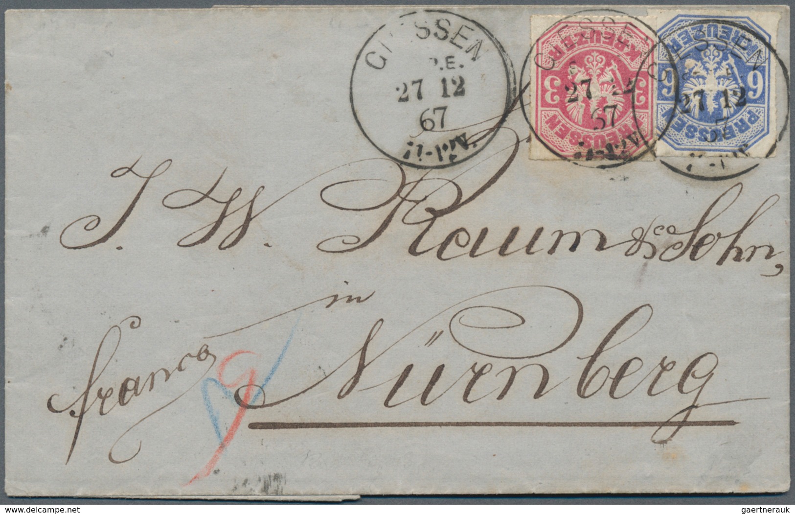 Preußen - Marken Und Briefe: 1867, 6 Kr. Ulramarin Und 3 Kr. Karmin Je Mit EKr. "GIESSEN 27.12.67" A - Other & Unclassified