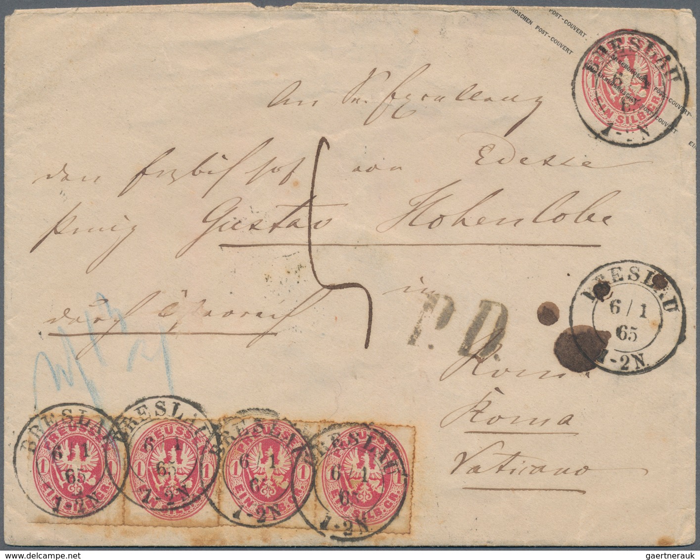 Preußen - Ganzsachen: 1865, 1 Silbergroschen Rot, B-Format, Mit 4 X 1 Silbergroschen Rot (stockig) A - Sonstige & Ohne Zuordnung