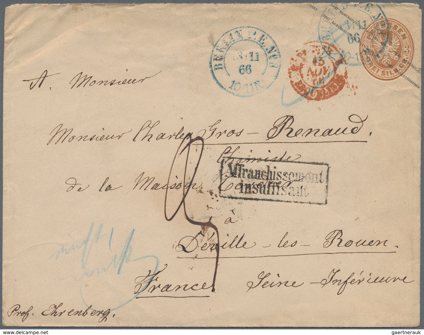 Preußen - Ganzsachen: 1866, Ganzsachenumschlag 3 Sgr. Braun Ab "BERLIN 13.11.66" Nach Frankreich Mit - Autres & Non Classés