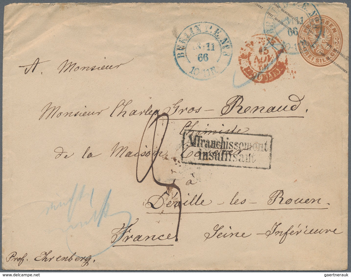 Preußen - Ganzsachen: 1866, Ganzsachenumschlag 3 Sgr. Braun Ab "BERLIN 13.11.66" Nach Frankreich Mit - Sonstige & Ohne Zuordnung