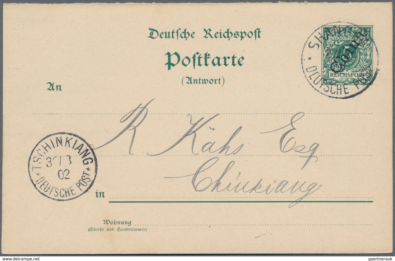 Preußen - Ganzsachen: 1902, 2 Stück 5 Pf Grün Ganzsachen-Antwortkarten Mit Aufdruck Und K1 SHANGHAI, - Sonstige & Ohne Zuordnung