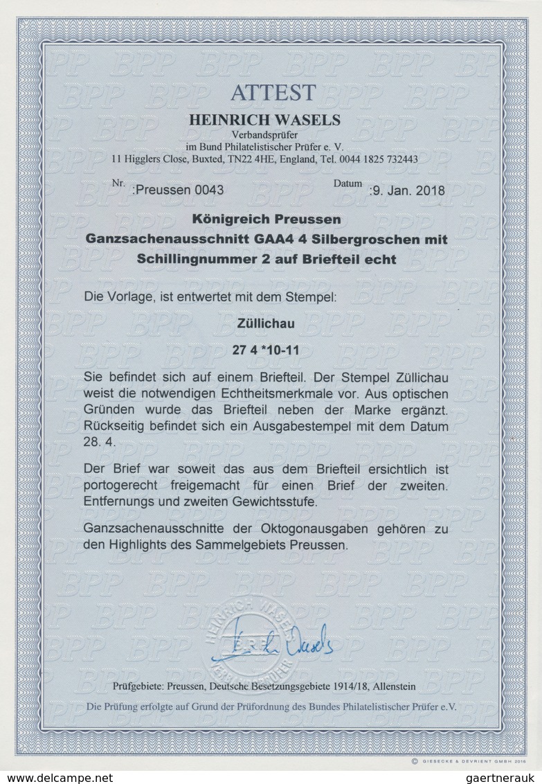 Preußen - Ganzsachenausschnitte: 1851 Ganzsachen-Ausschnitt 4 Sgr. Braunorange Mit Ra2 "ZÜLLICHAU 27 - Autres & Non Classés