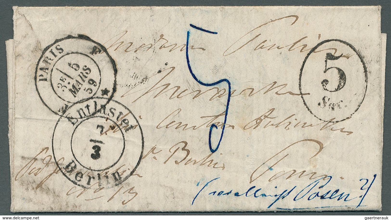 Preußen - Stempel: Berlin, 1859, Brief Aus Paris Mit Oval-Stpl. " 5 Sgr" Unterfrankiert Via Berlin M - Other & Unclassified