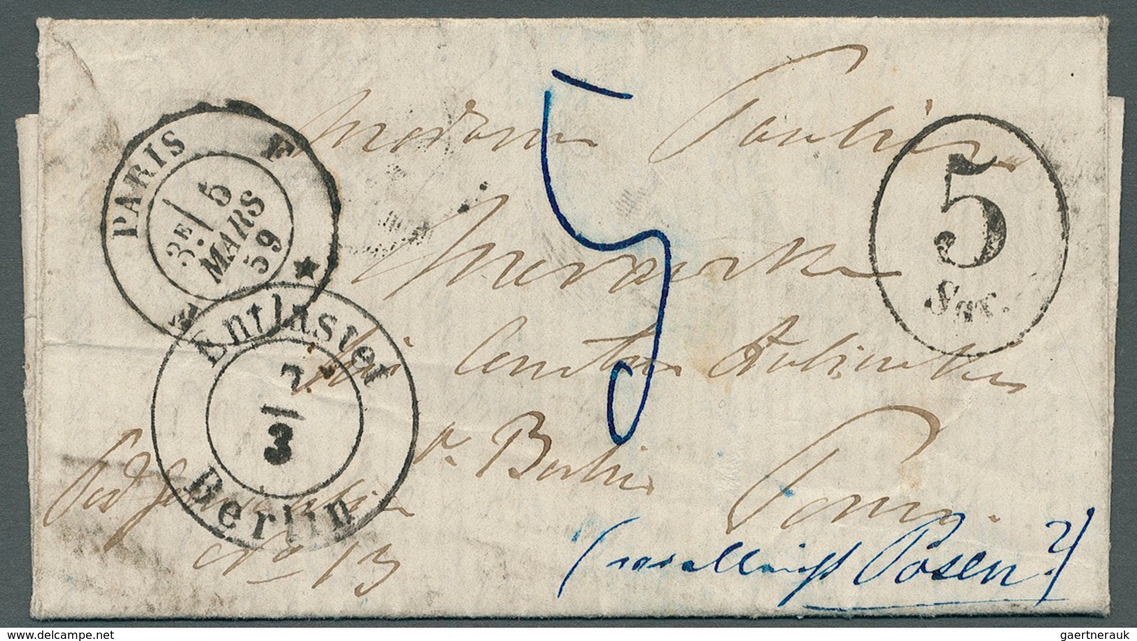 Preußen - Stempel: Berlin, 1859, Brief Aus Paris Mit Oval-Stpl. " 5 Sgr" Unterfrankiert Via Berlin M - Sonstige & Ohne Zuordnung