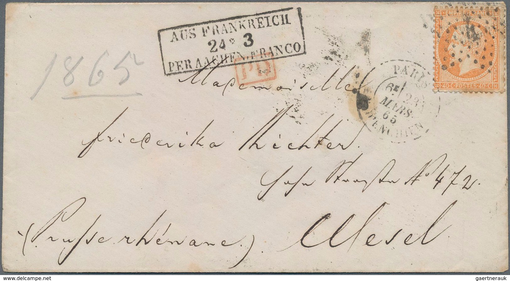 Preußen - Transitstempel: 1865, "AUS FRANKREICH PER AACHEN FRANCO", Schwarzer Ra3 Und Desgl. Roter K - Other & Unclassified