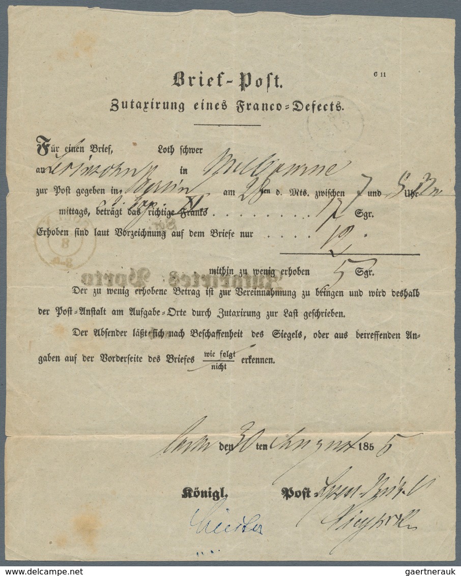 Preußen - Besonderheiten: "COELN" 31.8.1855, Formular über "5 Sgr. Zutaxirtes Porto" Für Einen Unzur - Sonstige & Ohne Zuordnung