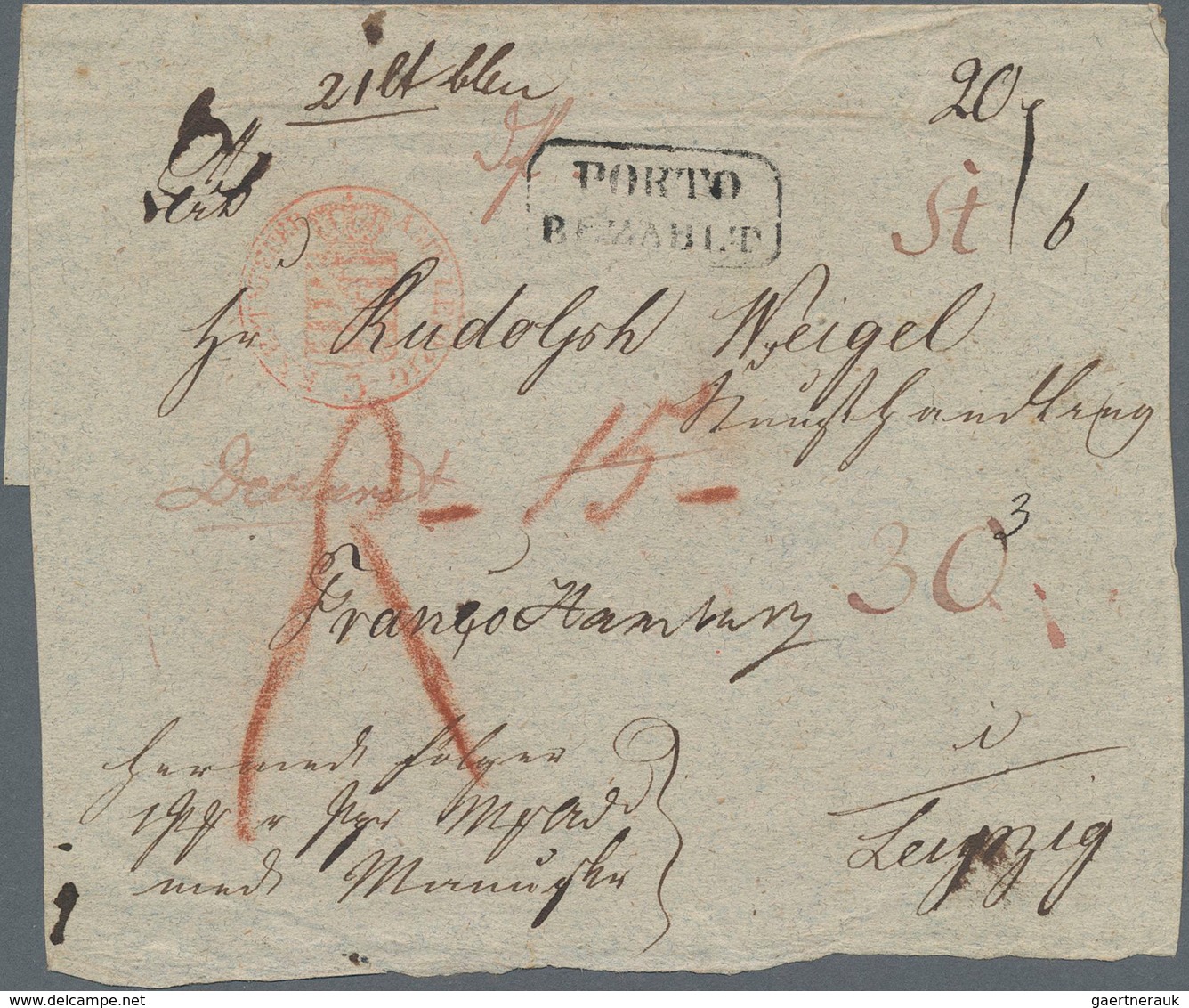 Sachsen - Vorphilatelie: 1820 Ca Paketbegleitbrief "FRANCO HAMBURG" Nach "Rudolf Weigel Kunsthandlun - Prephilately