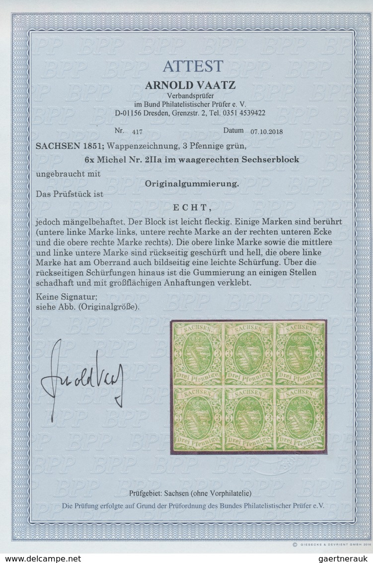 Sachsen - Marken Und Briefe: 1851, Wappen 3 Pfenig Grün, Späte Auflage Im Ungebrauchten SECHSERBLOCK - Saxony