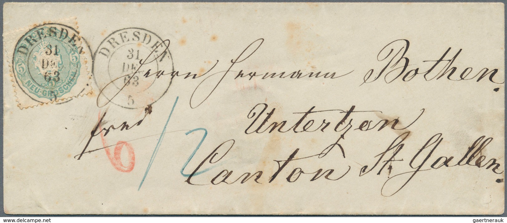 Sachsen - Marken Und Briefe: 1863 Wappen 5 Ngr. Grauultramarin Auf Couvert Mit K2 DRESDEN 31 DEC 63 - Saxony