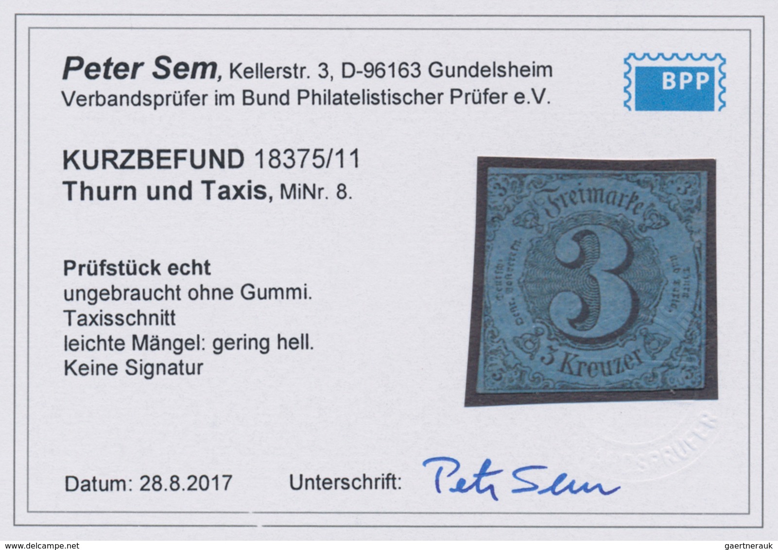 Thurn & Taxis - Marken Und Briefe: 1852, 3 Kr. Schwarz Auf Dunkelpreussischblau, Ungebraucht Ohne Gu - Autres & Non Classés
