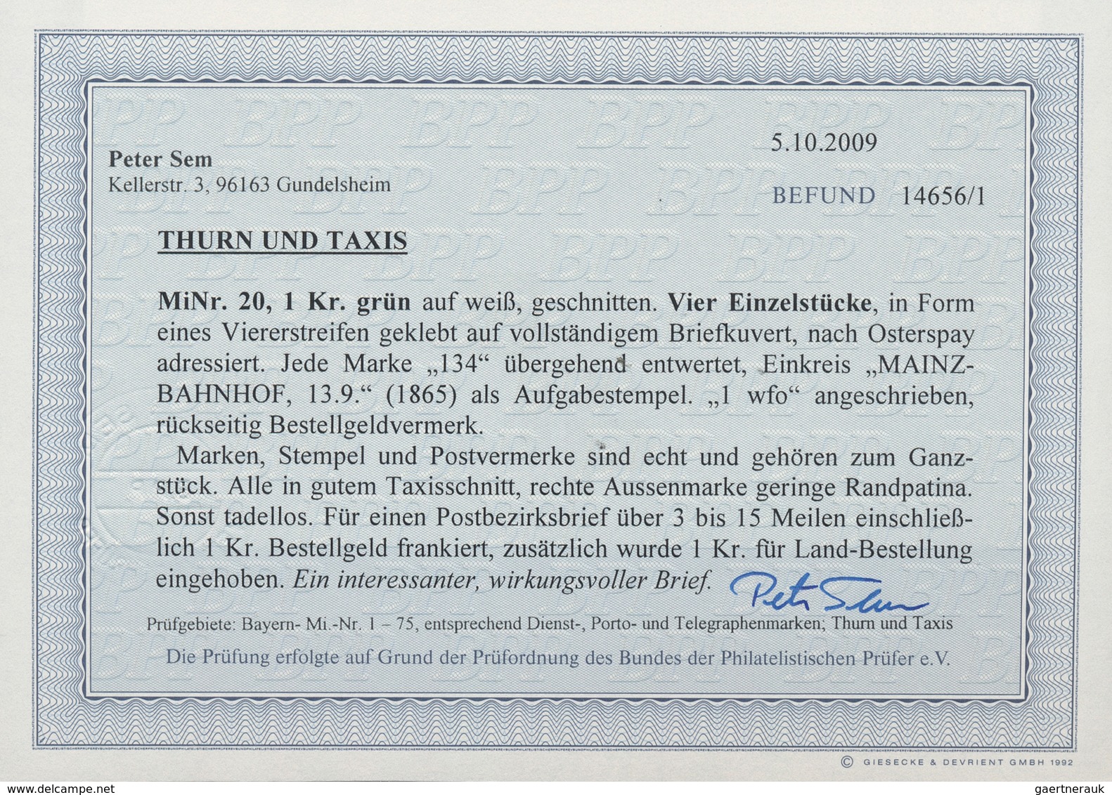 Thurn & Taxis - Marken Und Briefe: 1865, 1 Kr. Grün, Nicht Häufige Mehrfachfrankatur Von 4 Exemplare - Autres & Non Classés