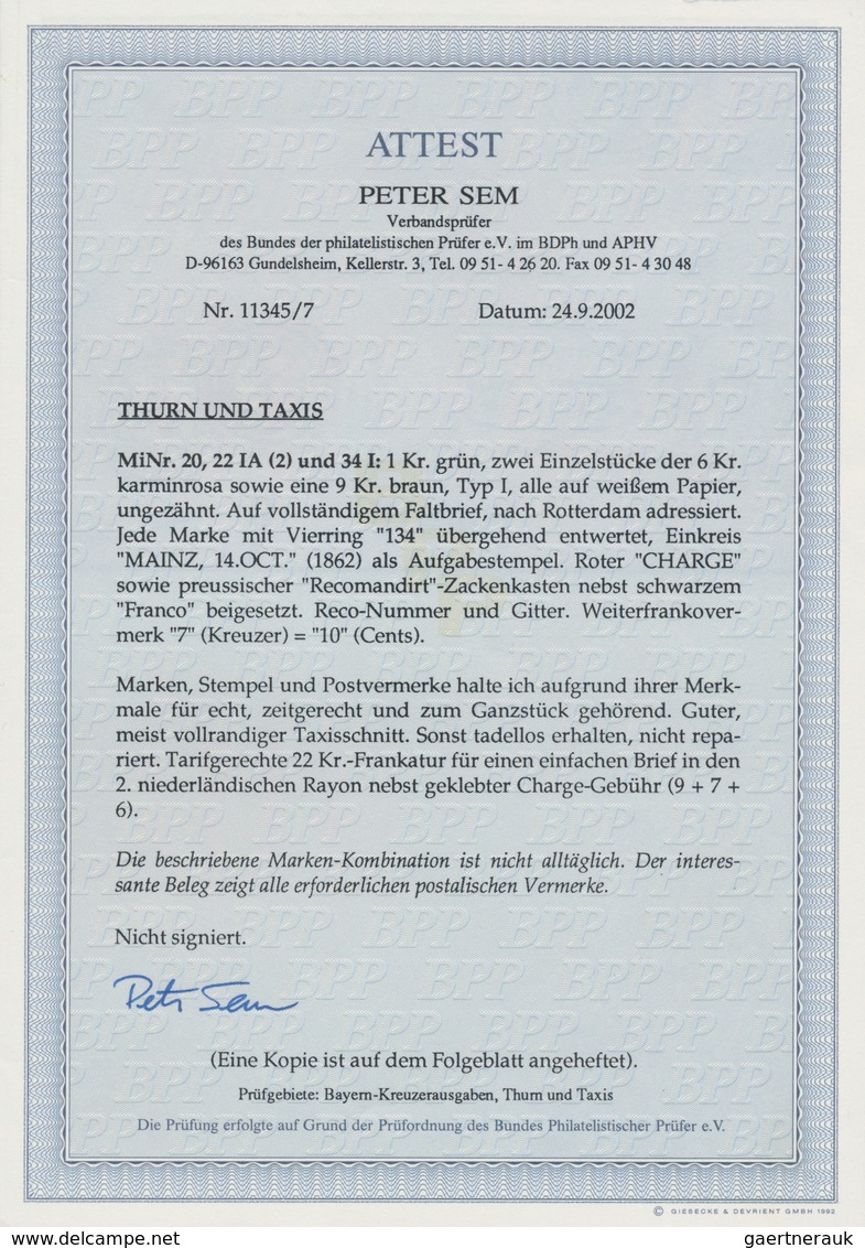 Thurn & Taxis - Marken Und Briefe: 1862, 22 Kreuzer Frankatur, Bestehend Aus 1Kr. Grün, Zwei Exempla - Other & Unclassified