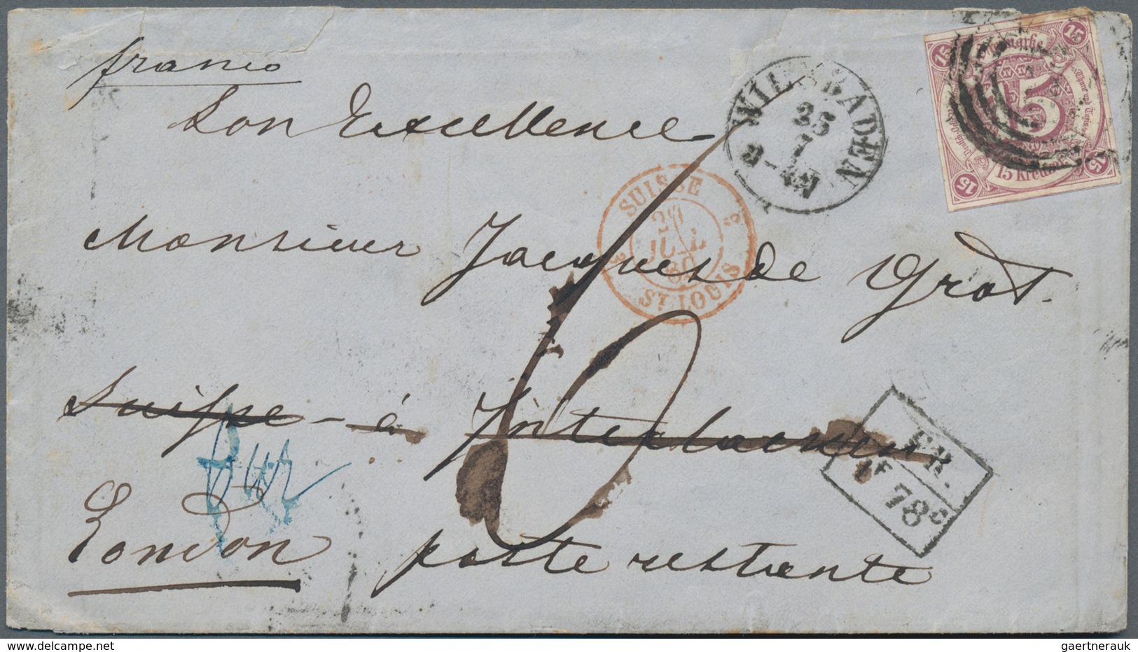 Thurn & Taxis - Marken Und Briefe: 1859, Ziffern 15 Kr. Llila Auf BRIEF IN DIE SCHWEIZ MIT NACHSENDU - Autres & Non Classés