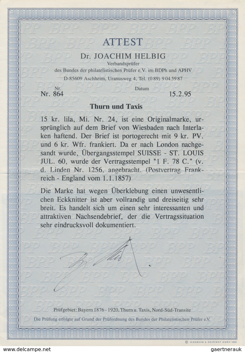 Thurn & Taxis - Marken Und Briefe: 1859, Ziffern 15 Kr. Llila Auf BRIEF IN DIE SCHWEIZ MIT NACHSENDU - Autres & Non Classés