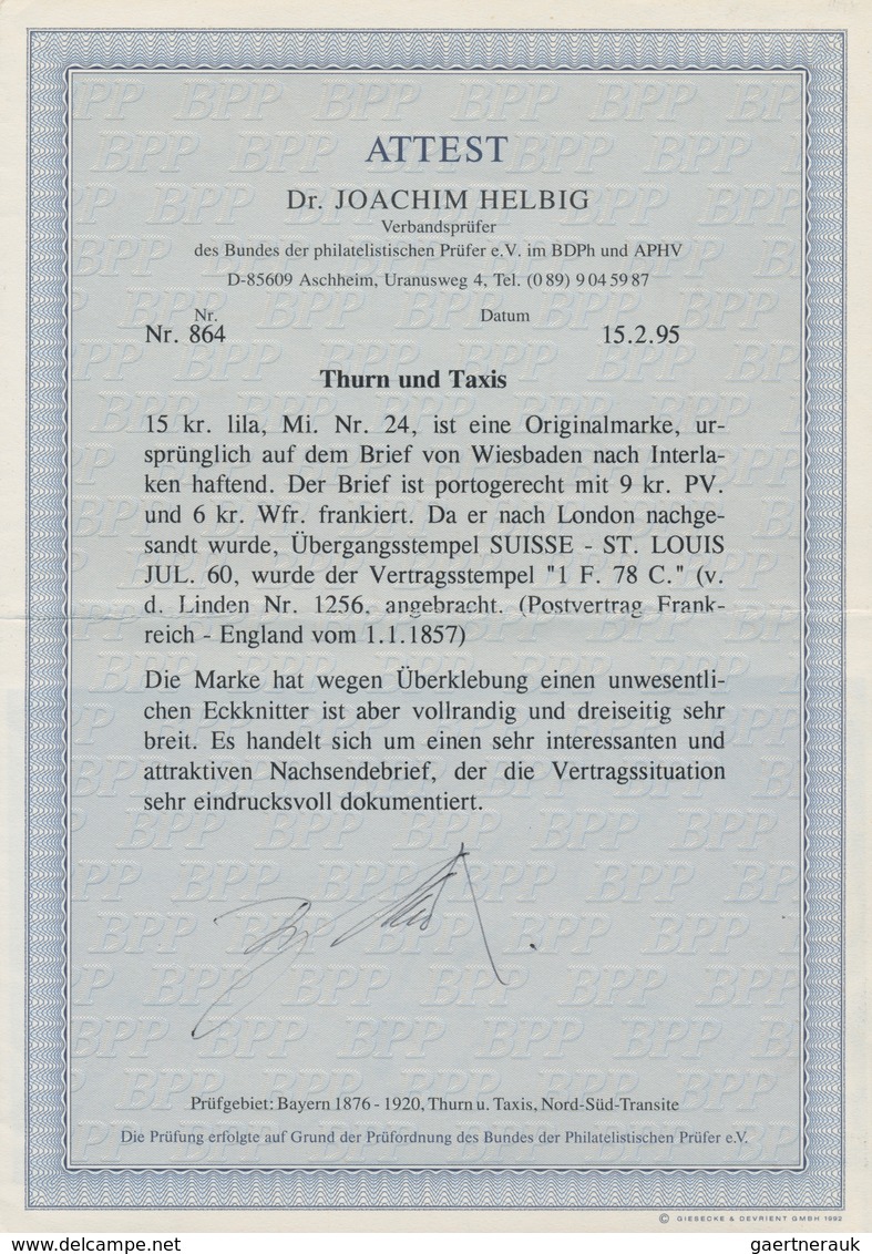 Thurn & Taxis - Marken Und Briefe: 1859, Ziffern 15 Kr. Llila Auf BRIEF IN DIE SCHWEIZ MIT NACHSENDU - Other & Unclassified