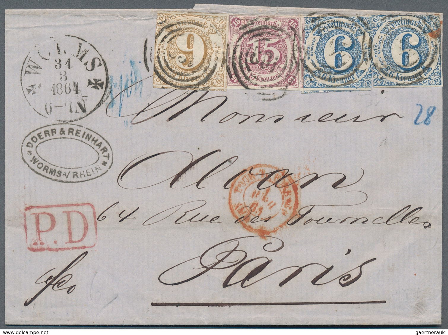 Thurn & Taxis - Marken Und Briefe: 1864, 36 Kr. Frankatur, Bestehend Aus 15 Kr. Lila, Zwei Exemplare - Autres & Non Classés
