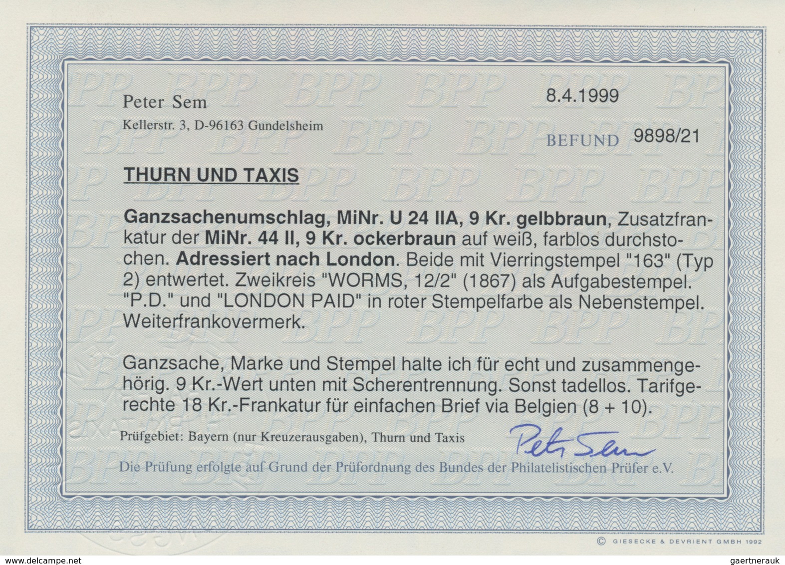 Thurn & Taxis - Marken Und Briefe: 1867, 18 Kreuzer-Frankatur, Bestehend Aus Ganzsachen-Umschlag 9 K - Autres & Non Classés