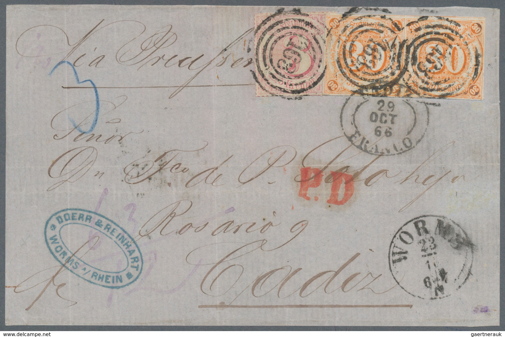 Thurn & Taxis - Marken Und Briefe: 1866, 63-Kreuzer-Frankatur Nach Spanien, Bestehend Aus 3 Kr. Karm - Autres & Non Classés