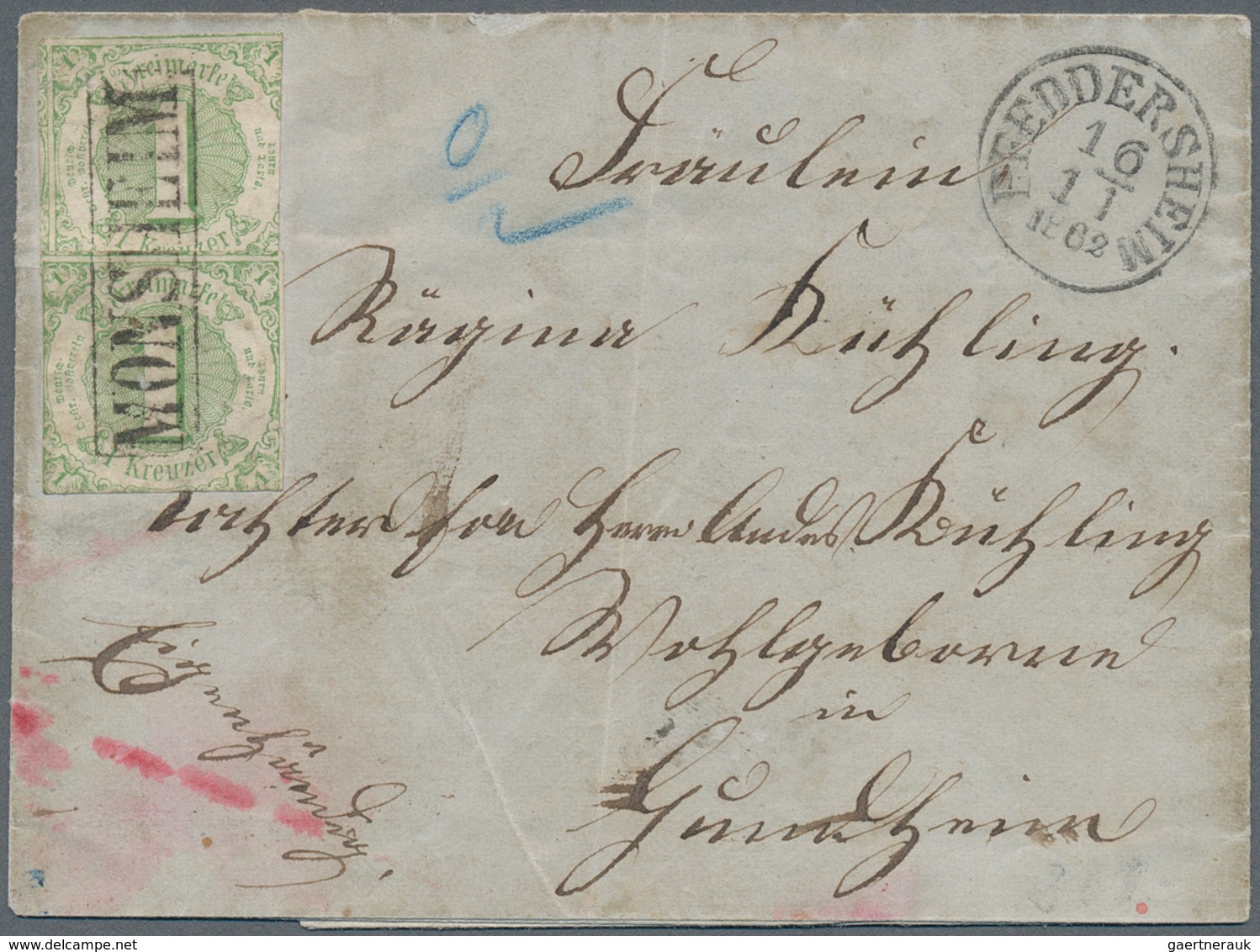 Thurn & Taxis - Landpoststempel: 1862, MONSHEIM, Ra 1 Schwarz, Als Entwerter Auf 1 Kr. Grün, Zwei Ex - Autres & Non Classés