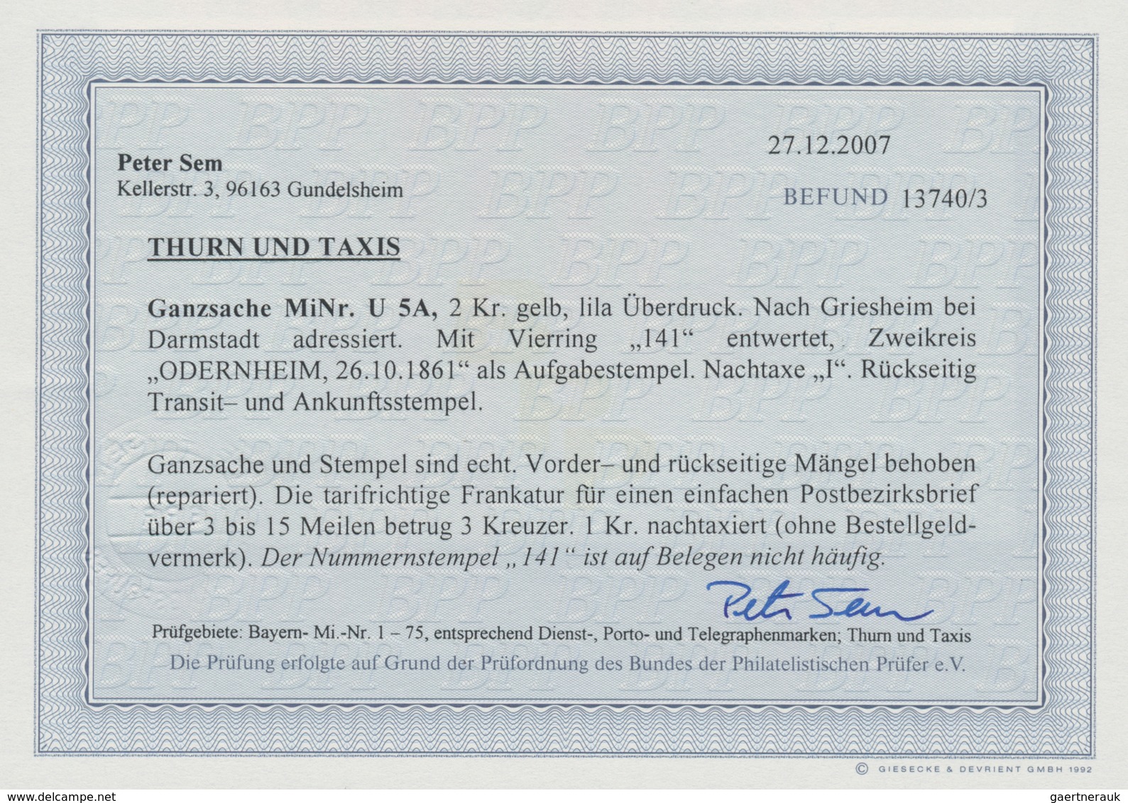 Thurn & Taxis - Nummernstempel: "141" - Odernheim, Klar Auf Ganzsachen-Umschlag 2 Gr. Gelb, Kleinfor - Autres & Non Classés