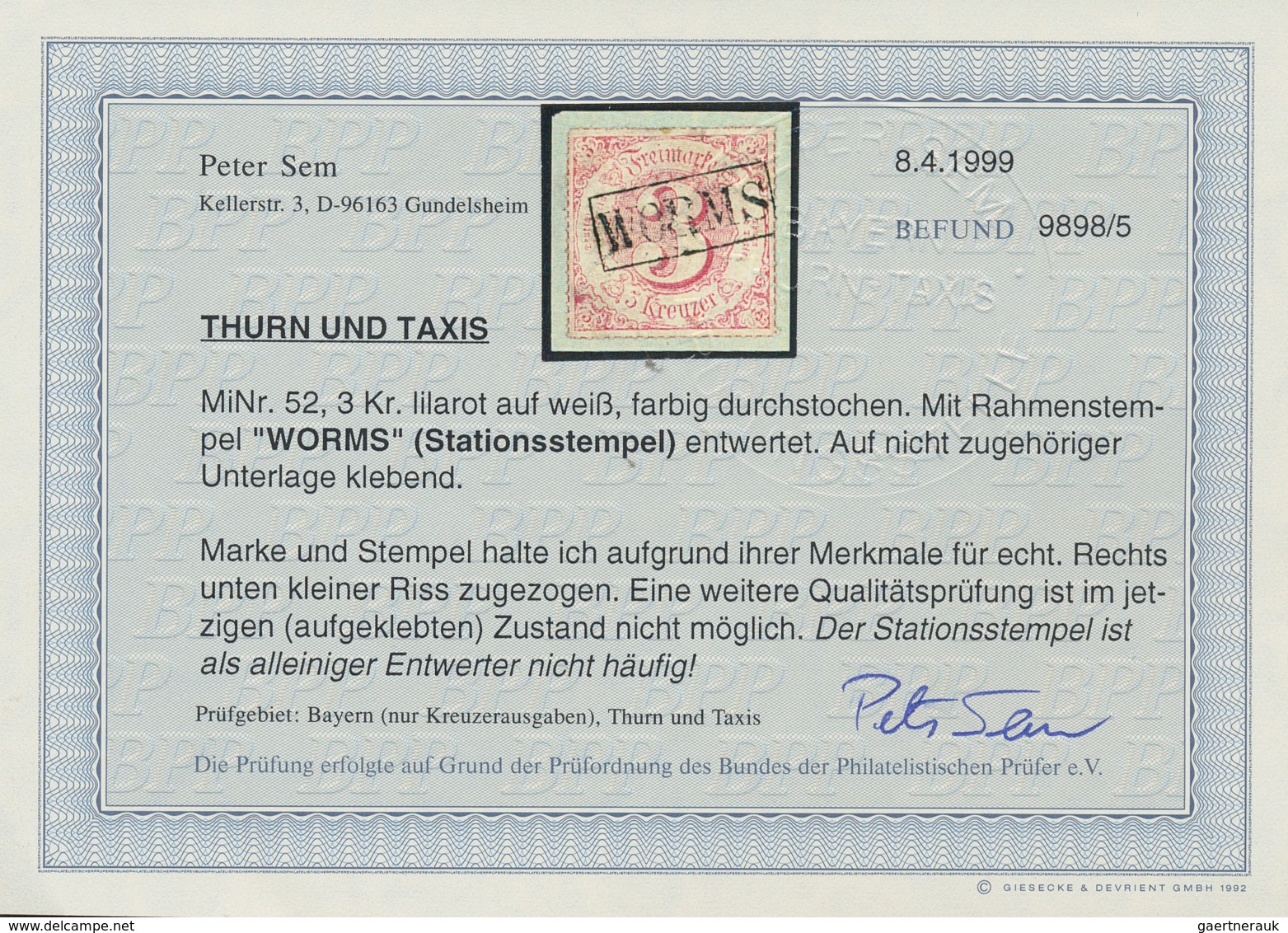 Thurn & Taxis - Ortsstempel: WORMS, Ra 1 Schwarz, Sog. "Stationsstempel" Ideal Zentriert Bzw. Glaskl - Autres & Non Classés