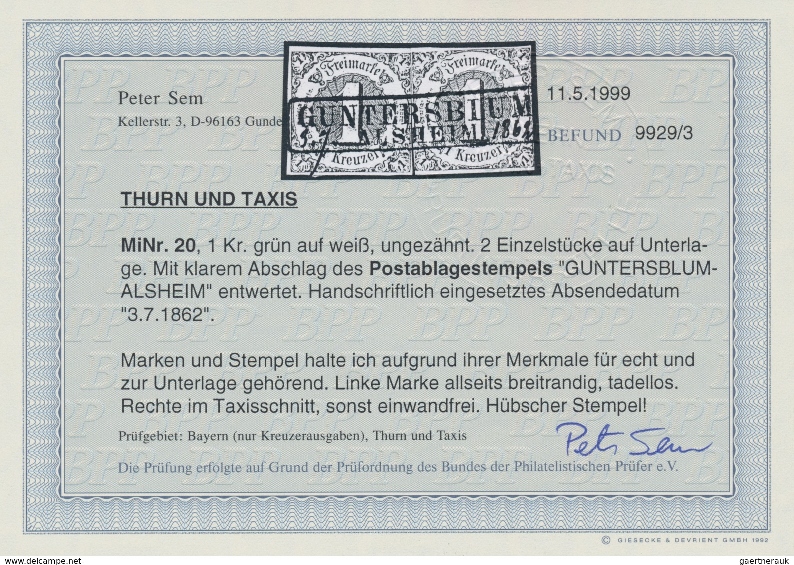 Thurn & Taxis - Postablagestempel: GUNTERSBLUM - ALSHEIM, Ra 2 Schwarz Auf 2 Exemplaren 1 Kr., Auf U - Sonstige & Ohne Zuordnung