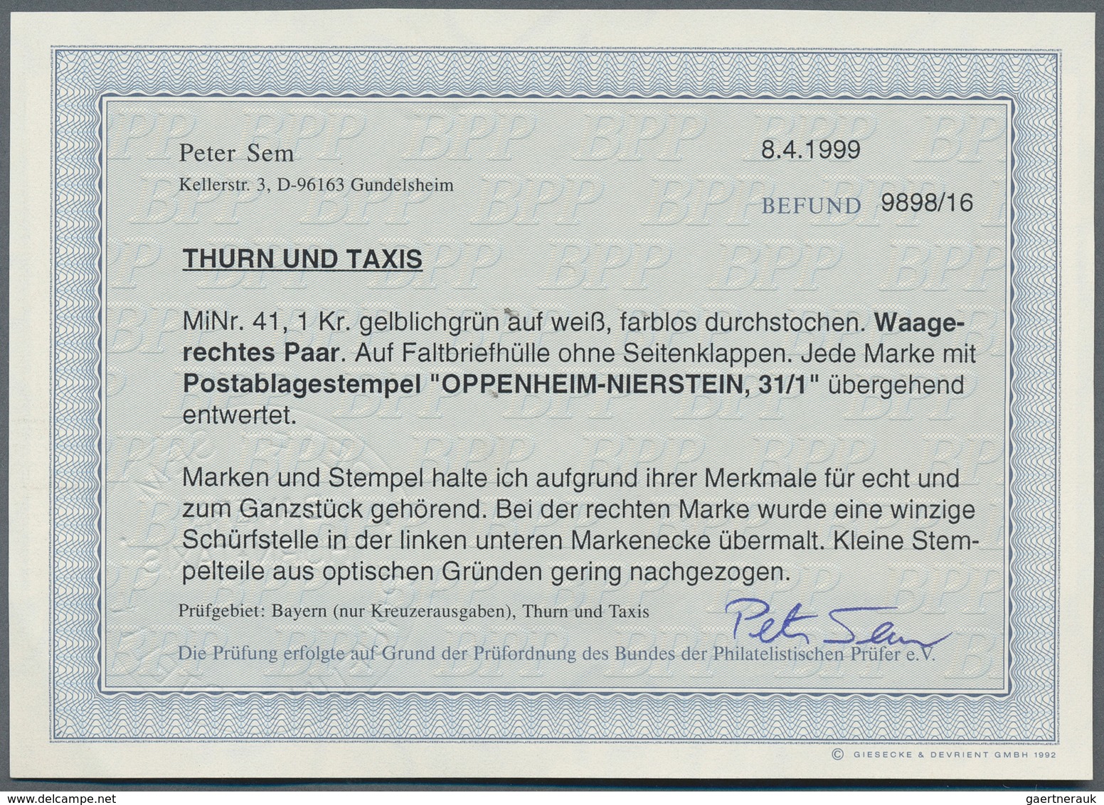 Thurn & Taxis - Postablagestempel: NIERSTEIN - OPPENHEIM, K1 Schwarz Auf 1 Kr. Waagerechtes Paar, Re - Autres & Non Classés