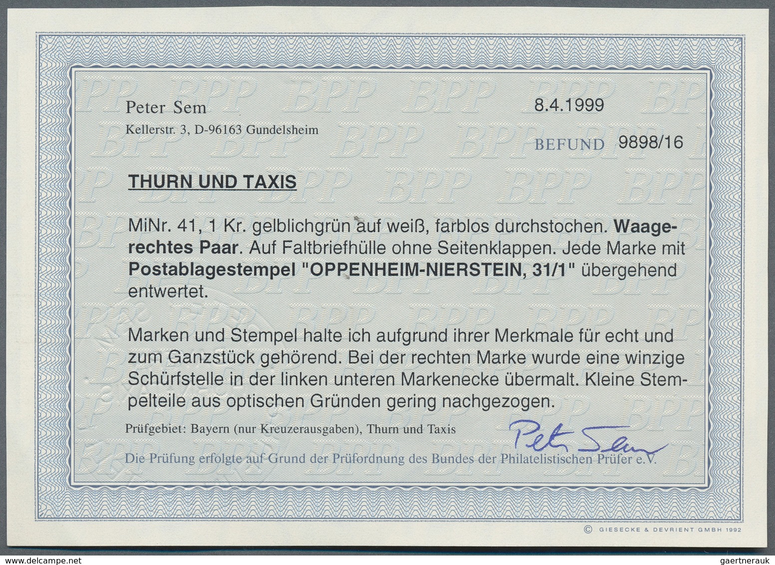 Thurn & Taxis - Postablagestempel: NIERSTEIN - OPPENHEIM, K1 Schwarz Auf 1 Kr. Waagerechtes Paar, Re - Sonstige & Ohne Zuordnung