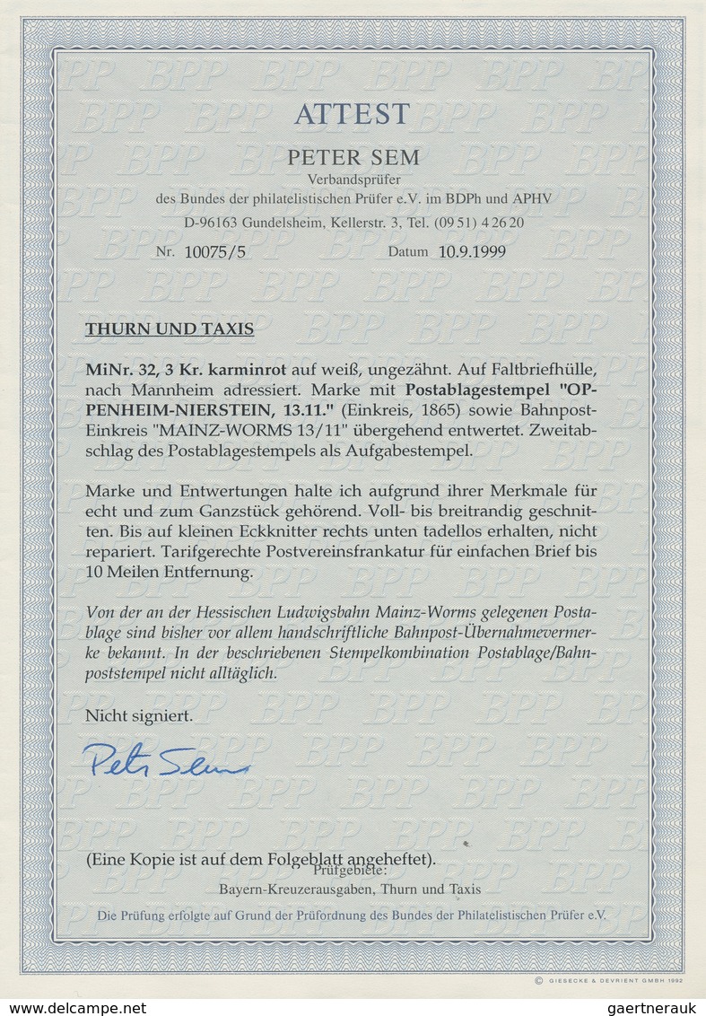 Thurn & Taxis - Postablagestempel: OPPENHEIM-NIERSTEIN, K 1 Schwarz Auf 3 Kr. Karminrosa, Rechts Unt - Sonstige & Ohne Zuordnung