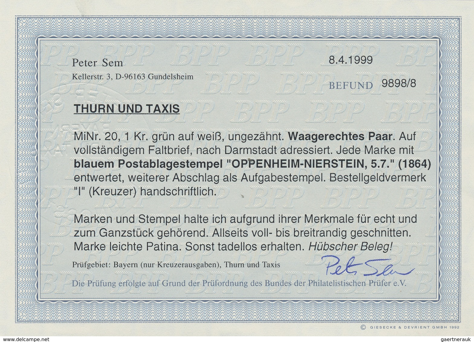 Thurn & Taxis - Postablagestempel: OPPENHEIM-NIERSTEIN, K1 Blau, Zwei Zentrierte Abschläge Auf 1 Kr. - Autres & Non Classés