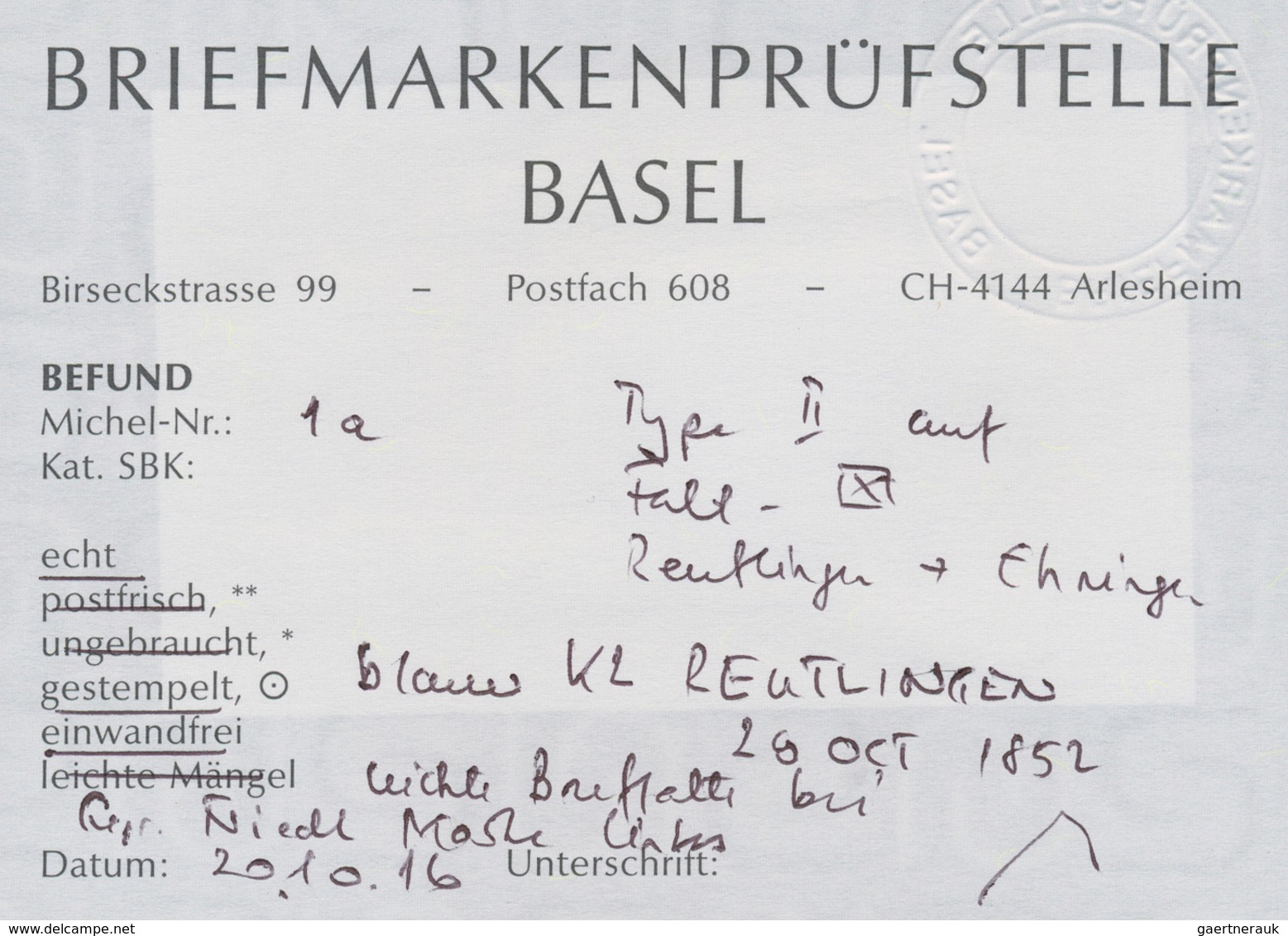 Württemberg - Marken Und Briefe: 1852, 1 Kreuzer Schwarz Auf Hellsämisch Klar Und Zentral Entwertet - Autres & Non Classés