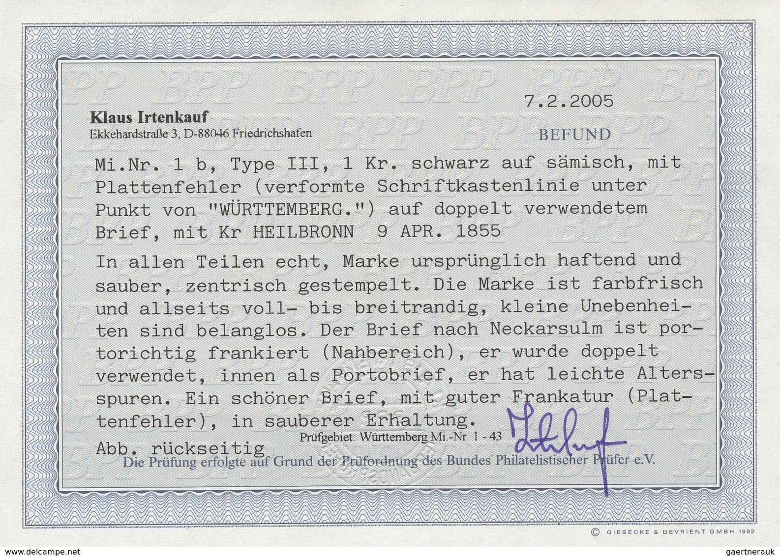 Württemberg - Marken Und Briefe: 1 Kr. Schwarz A. Sämisch Mit PF 'verformte Schriftkastenlinie Unter - Autres & Non Classés