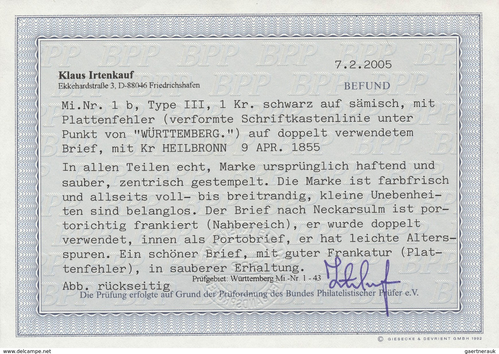 Württemberg - Marken Und Briefe: 1 Kr. Schwarz A. Sämisch Mit PF 'verformte Schriftkastenlinie Unter - Autres & Non Classés