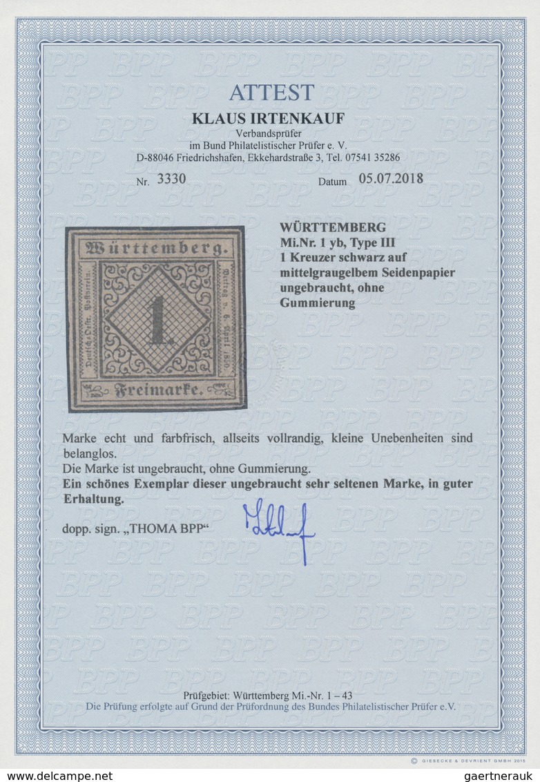 Württemberg - Marken Und Briefe: 1851, 1 Kr. Schwarz Auf Mittelgraugelbem Seidenpapier, Farbfrisch U - Other & Unclassified