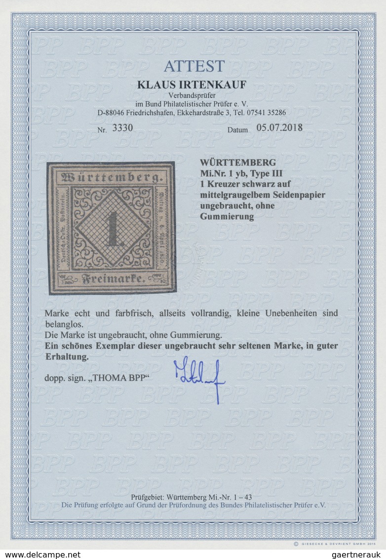 Württemberg - Marken Und Briefe: 1851, 1 Kr. Schwarz Auf Mittelgraugelbem Seidenpapier, Farbfrisch U - Sonstige & Ohne Zuordnung