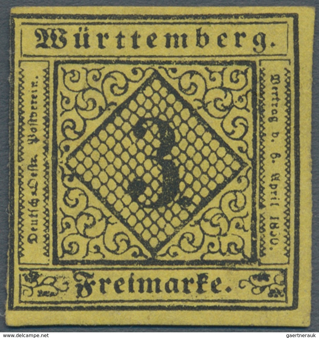 Württemberg - Marken Und Briefe: 1851, 3 Kr. Schwarz Auf Gelb, Type I, Farbfrisches Exemplar, Links - Autres & Non Classés