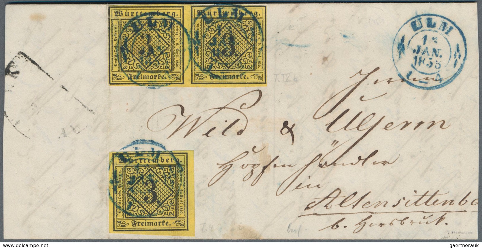 Württemberg - Marken Und Briefe: 1851, Ziffern 3 Kr. Schwarz Auf Dunkelgelb Im Paar In Type IVb Zusa - Autres & Non Classés