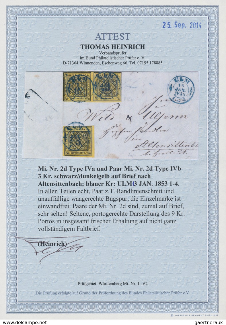 Württemberg - Marken Und Briefe: 1851, Ziffern 3 Kr. Schwarz Auf Dunkelgelb Im Paar In Type IVb Zusa - Autres & Non Classés