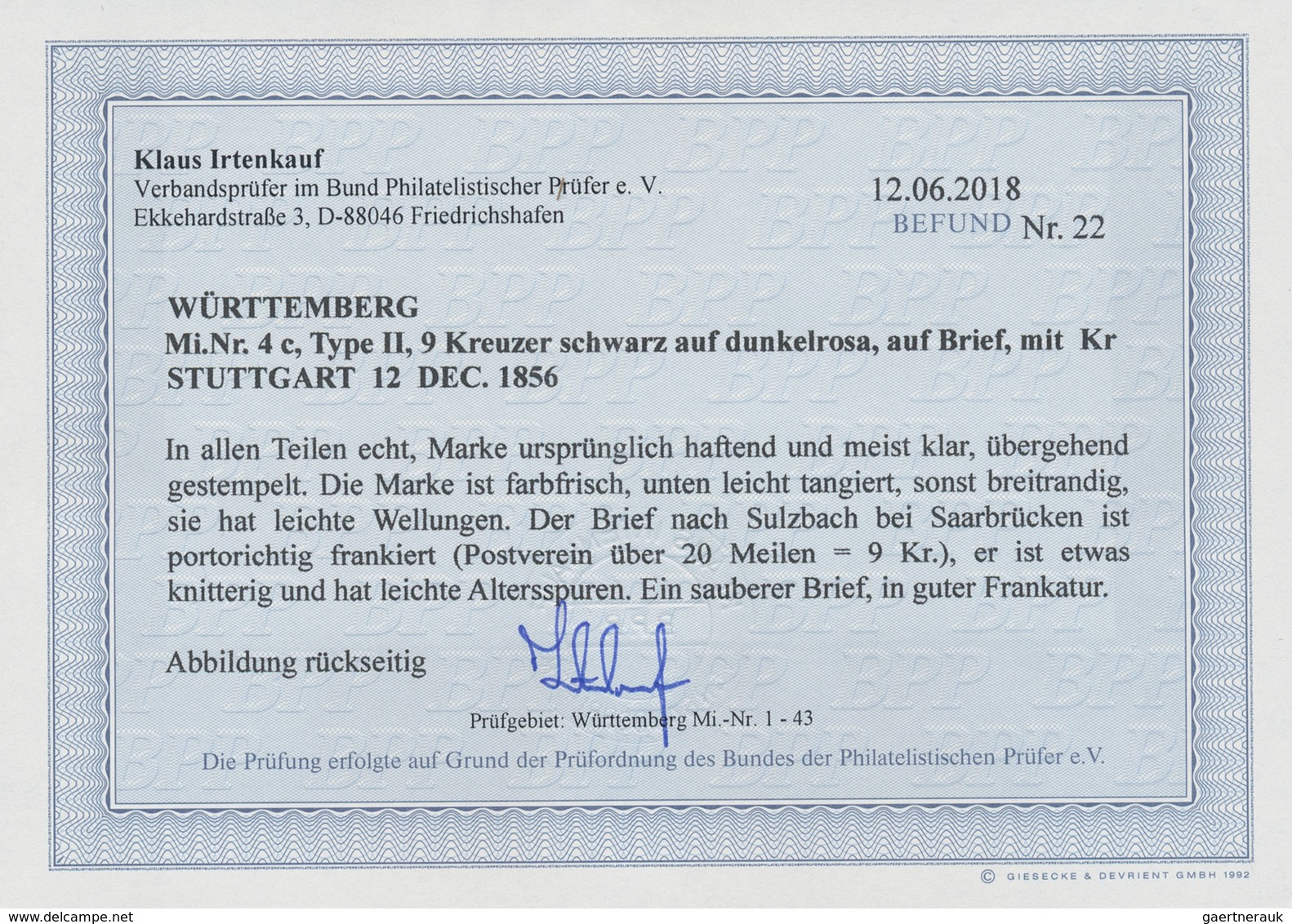 Württemberg - Marken Und Briefe: 1851, Freimarke Ziffern 9 Kr. Schwarz Auf Dunkelrosa Auf Brief Ab " - Autres & Non Classés