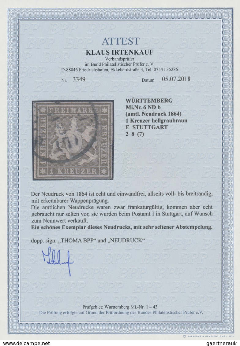 Württemberg - Marken Und Briefe: 1857, 1 Kr. Hellgraubraun, Amtlicher Neudruck Vom Mai 1865, Farbfri - Other & Unclassified