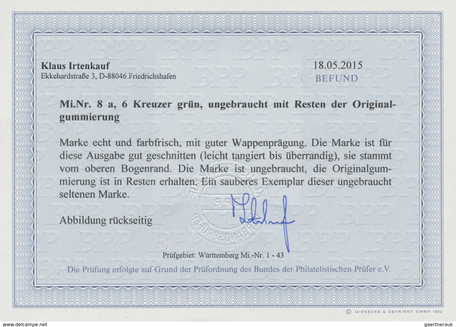 Württemberg - Marken Und Briefe: 1857, Freimarke Wappen, Gut Geschnittenes Exemplar Ungebraucht Mit - Autres & Non Classés