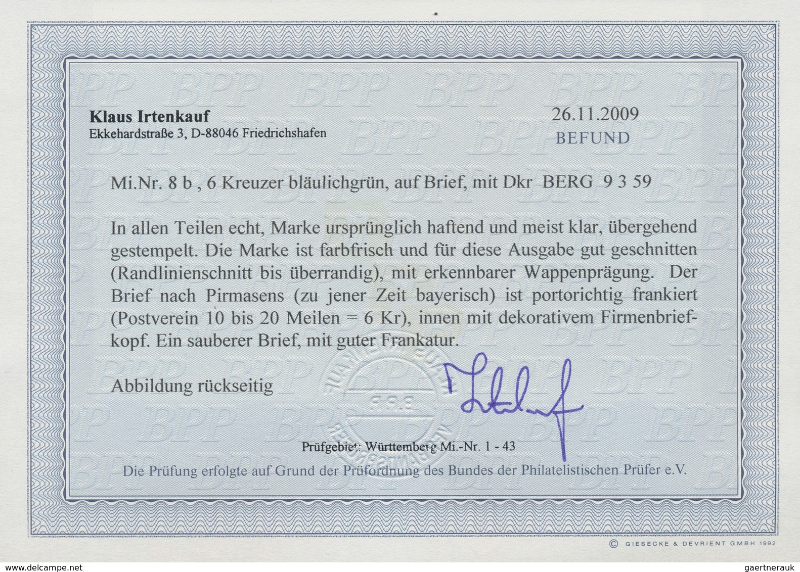 Württemberg - Marken Und Briefe: 1857, Wappen 6 Kr. In Besserer B-Farbe Bläulichgrün Mit Seidenfaden - Sonstige & Ohne Zuordnung