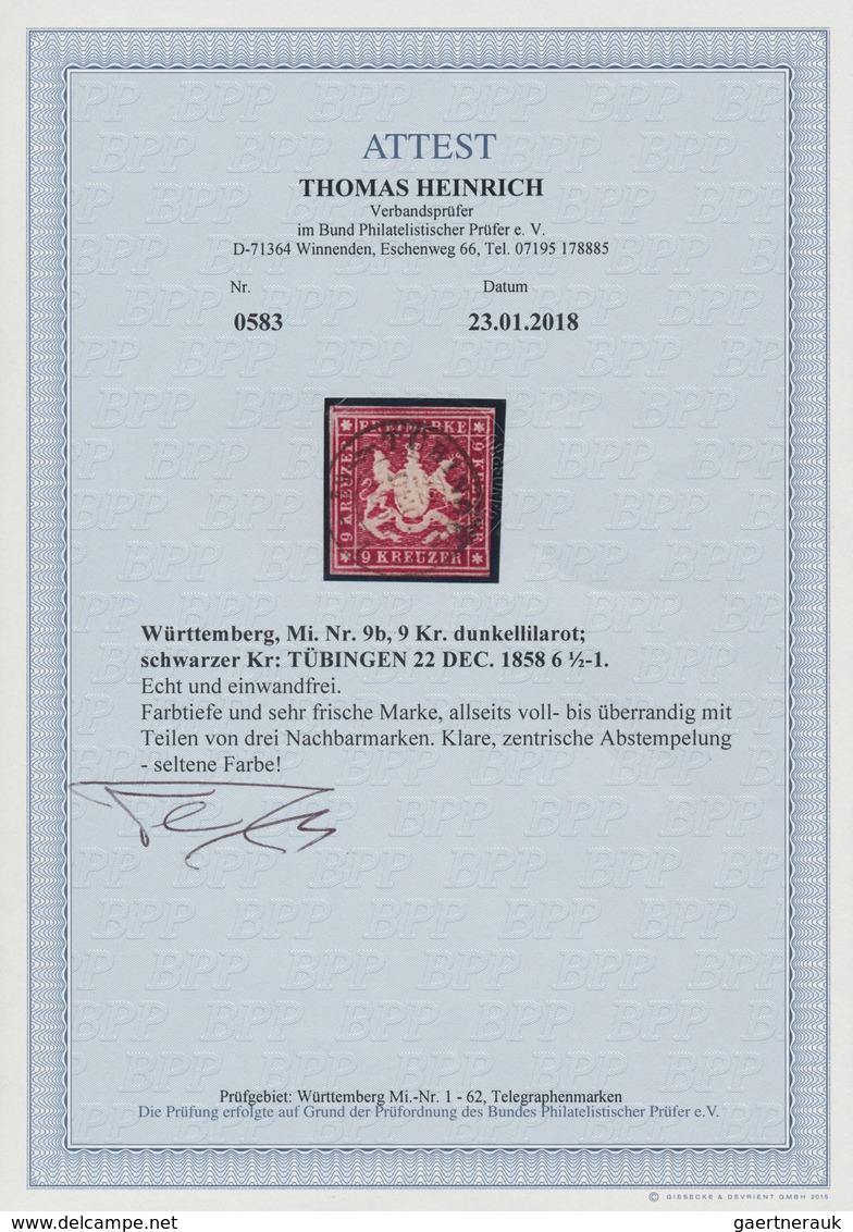 Württemberg - Marken Und Briefe: 1857, Freimarke Wappen 9 Kr. Dunkellilarot, Farbtiefes Exemplar Vol - Sonstige & Ohne Zuordnung