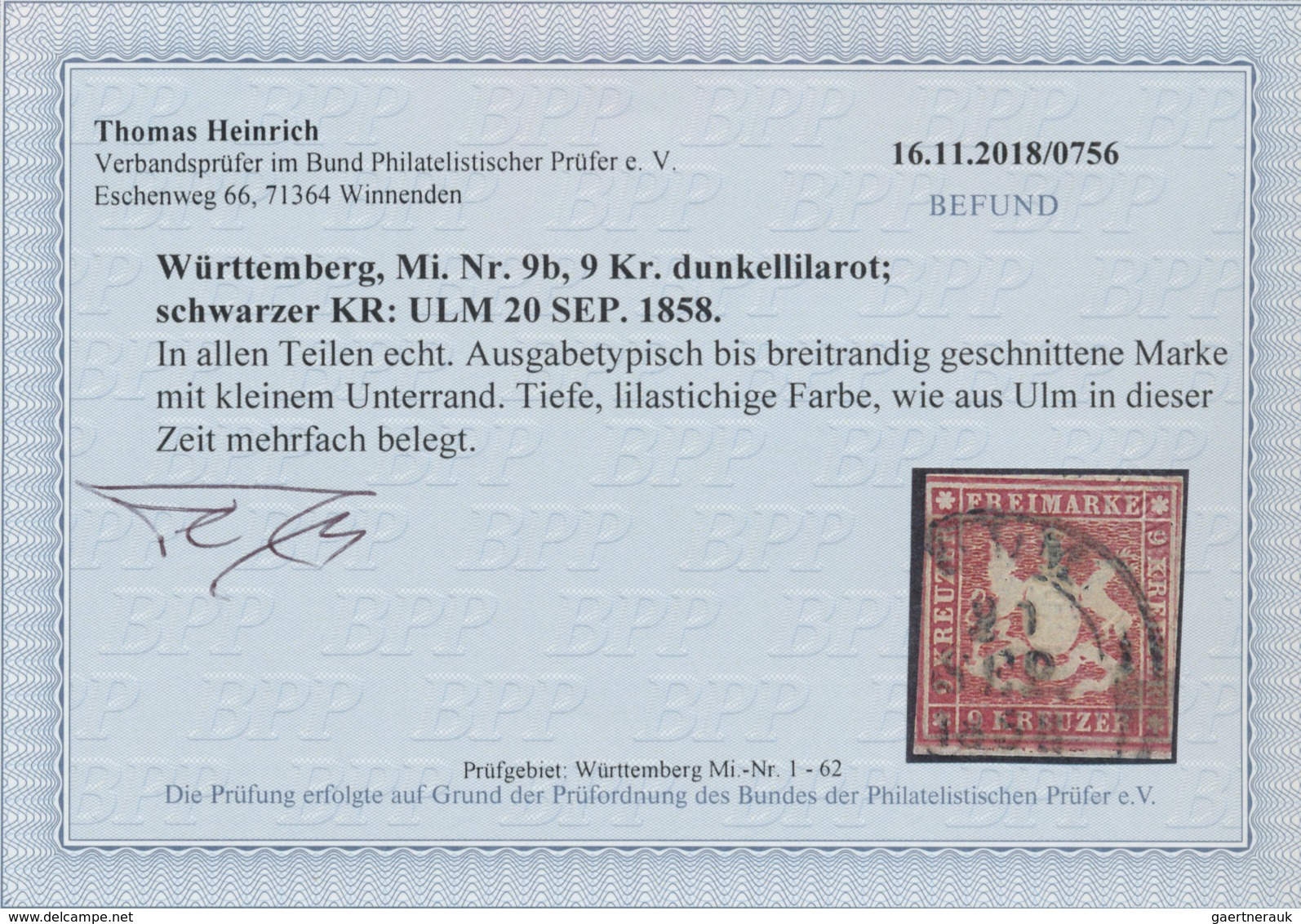 Württemberg - Marken Und Briefe: 1857, Wappen 9 Kr. Mit Seidenfaden In Seltener B-Farbe Dunkelkarmin - Other & Unclassified