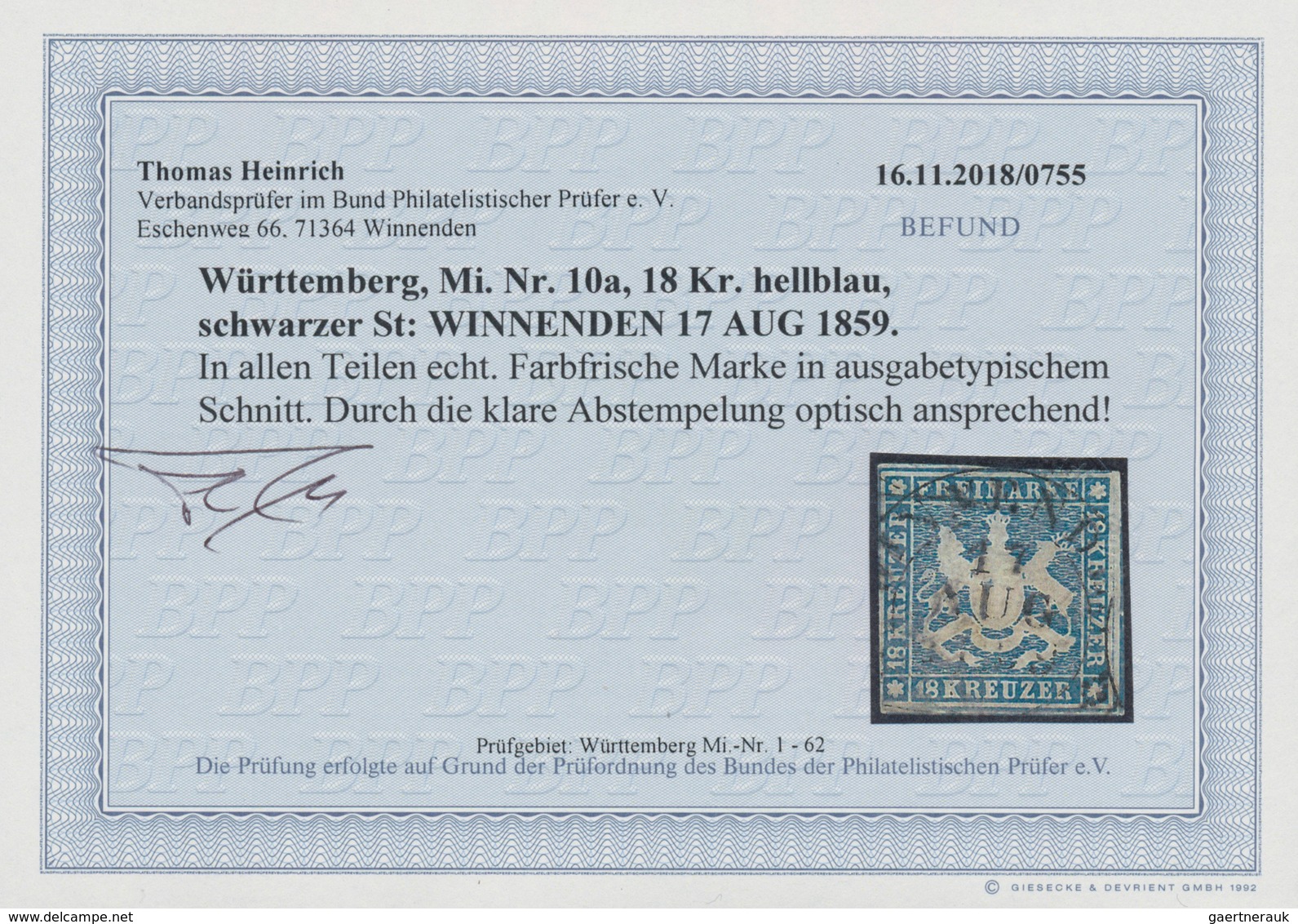 Württemberg - Marken Und Briefe: 1857, Wappen 18 Kr. Hellblau Mit Seidenfaden, Ausgabetypisch Knapp- - Sonstige & Ohne Zuordnung