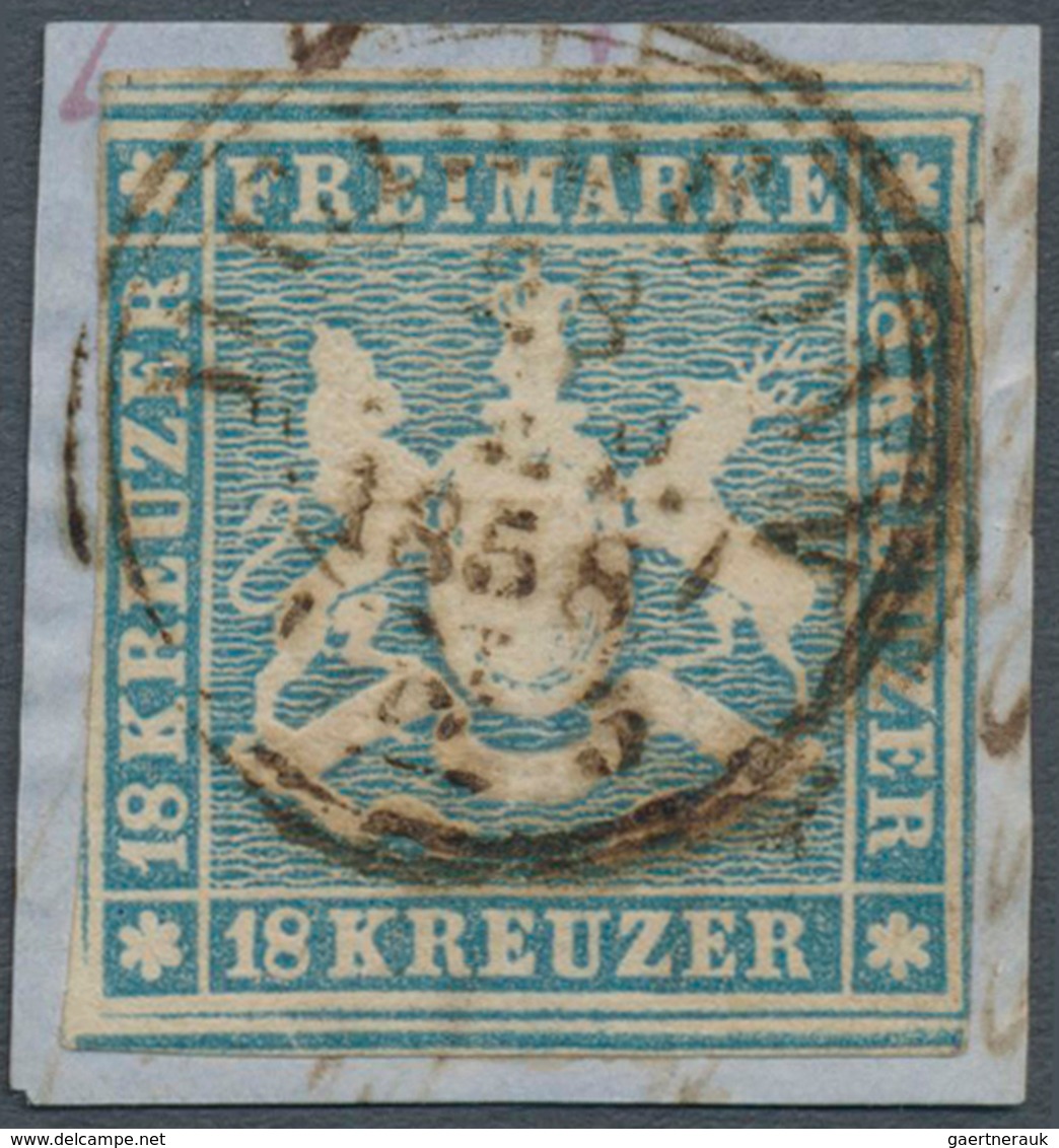 Württemberg - Marken Und Briefe: 1857, 18 Kr. Wappen Blau, Gestempelt Auf Briefstück, Typischer Schn - Other & Unclassified