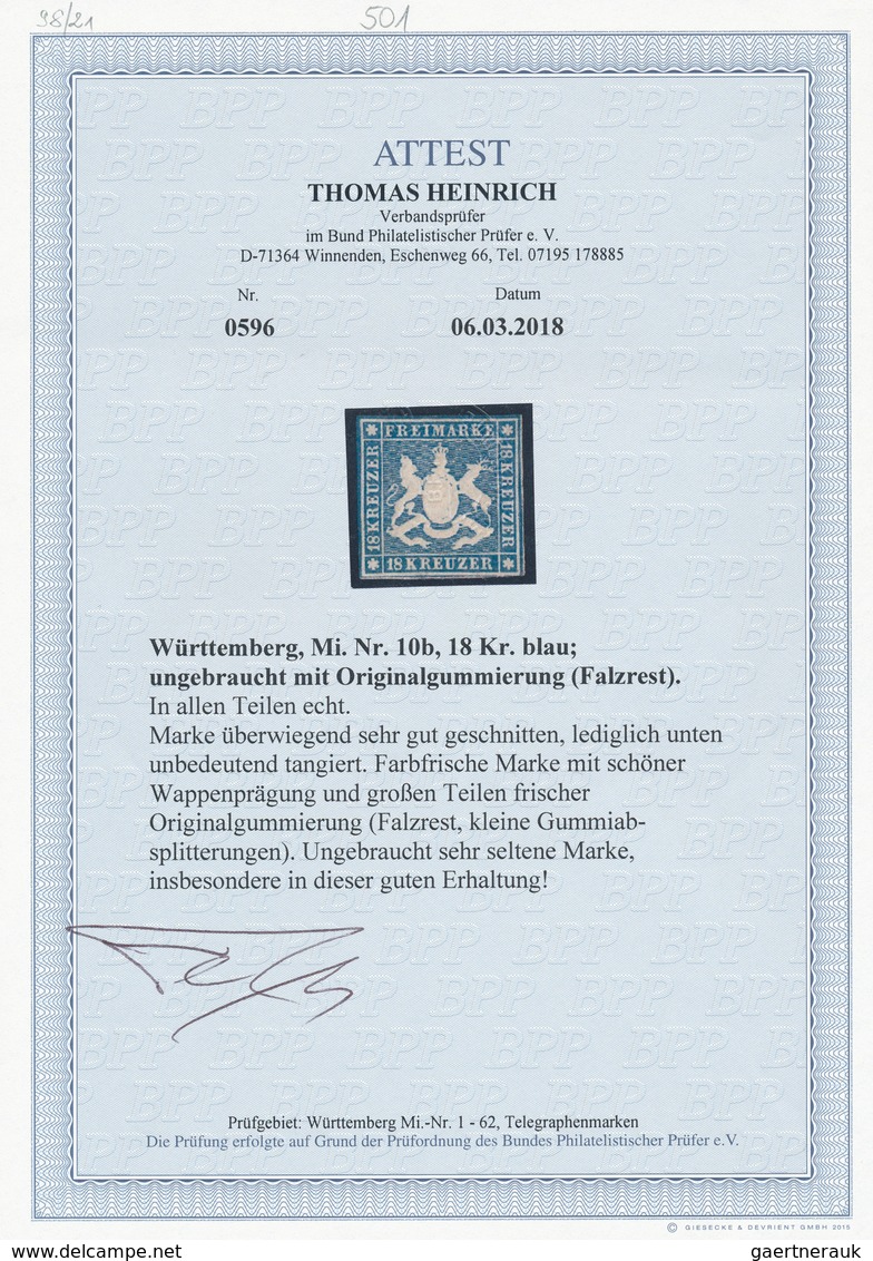 Württemberg - Marken Und Briefe: 1857, 18 Kr. Wappen Blau Mit Seidenfaden, Ungebraucht Mit Originalg - Other & Unclassified