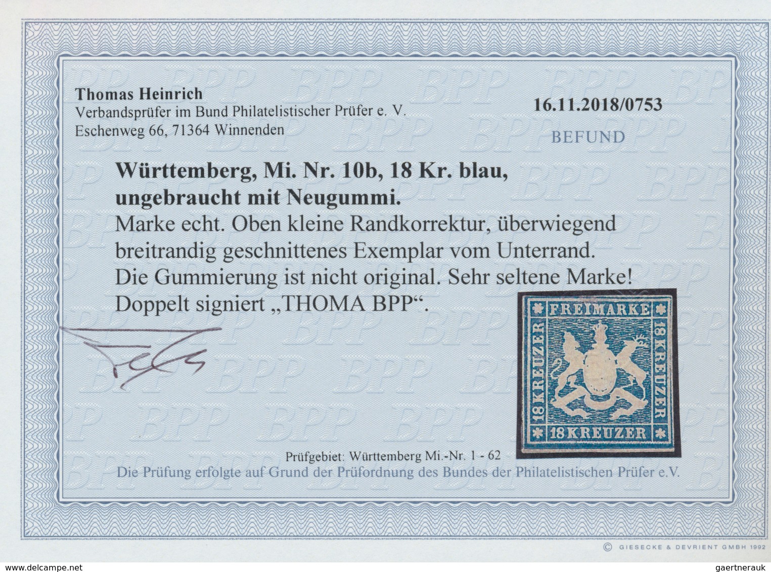 Württemberg - Marken Und Briefe: 1857, Wappen 18 Kr. Mit Seidenfaden In Seltener B-Farbe (dunkel)bla - Autres & Non Classés